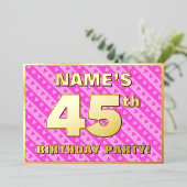 45th Birthday Party —おもしろいピンクのハートとストライプ 箔招待状 (立ち正面)