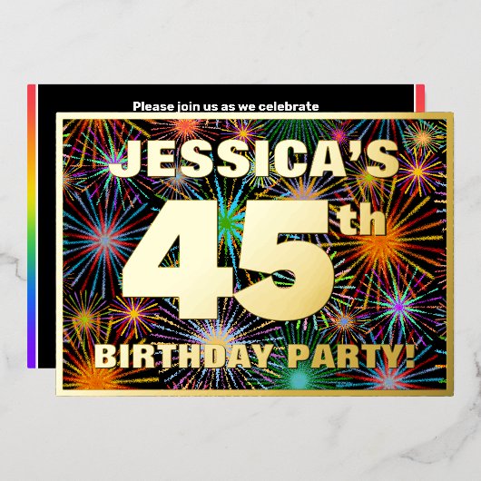 45th Birthday Party —おもしろい、カラフルFireworks Look 箔招待状 (正面/裏面)