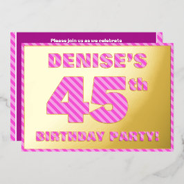 45th Birthday Party — はっきりした、おもしろい、ピンクストライプ色45 箔招待状