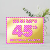 45th Birthday Party — はっきりした、おもしろい、ピンクストライプ色45 箔招待状 (立ち正面)