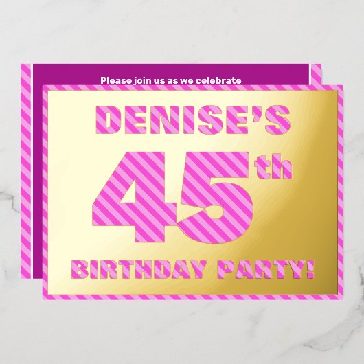 45th Birthday Party — はっきりした、おもしろい、ピンクストライプ色45 箔招待状 (正面/裏面)