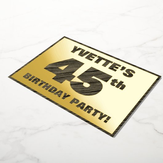 45th Birthday Party — はっきりしたWood Grainフェイク文字 箔招待状 (回転した状態)