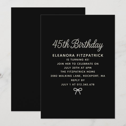 45th Birthday Party Black White Pearl Script Bow 招待状 (正面/裏面)
