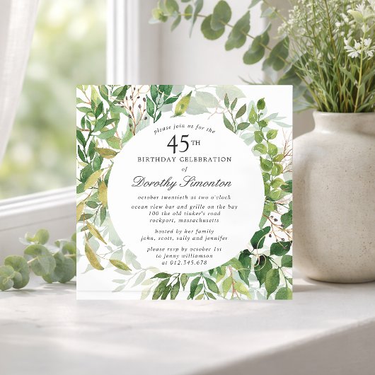 45th Birthday Party Modern Green Botanical  招待状