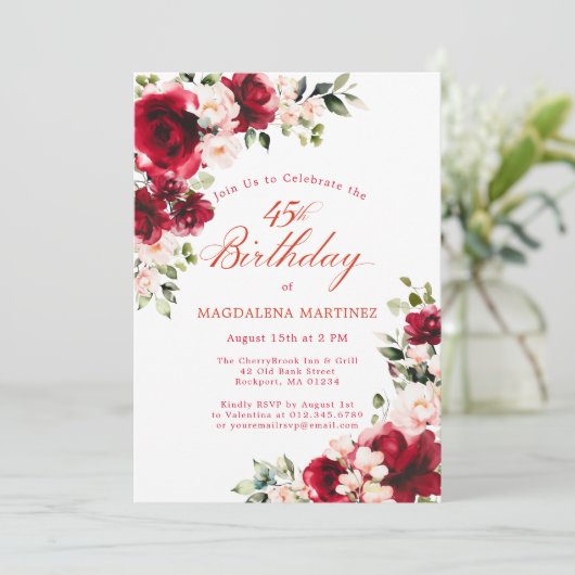 45th Birthday Red Rose Pink Peony Floral 招待状 (スタンド正面)