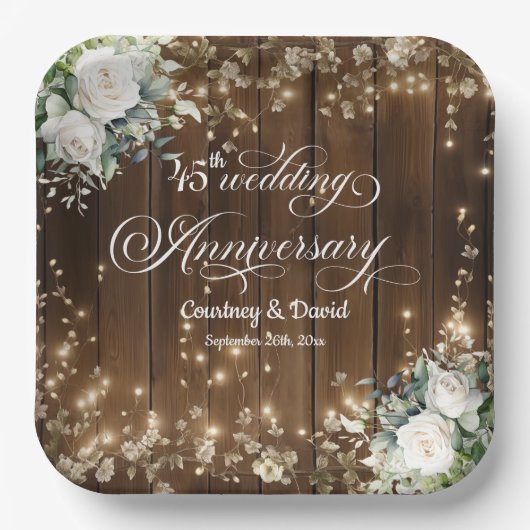 45th Wedding Anniversary Rustic String Lights ペーパープレート (正面)