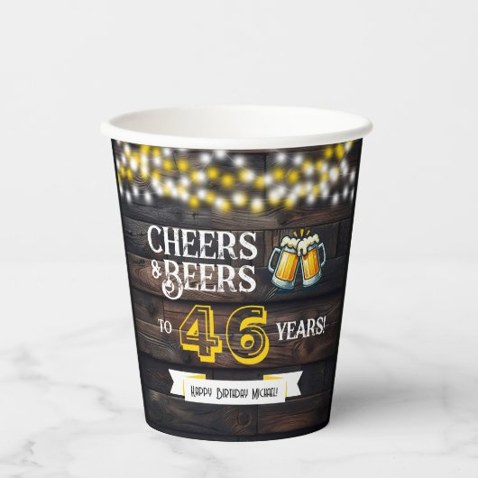 46歳の誕生日おめでとう レトロな乾杯とビール 紙コップ (正面)
