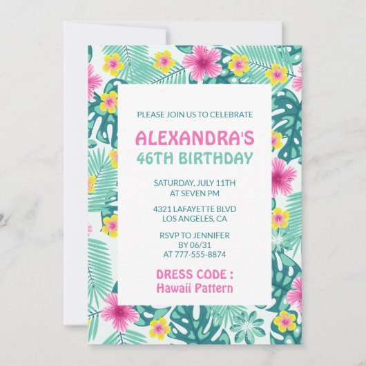 46歳の誕生日パーティーの招待状 ハイビスカス ハワイ フラワー 招待状 (正面)