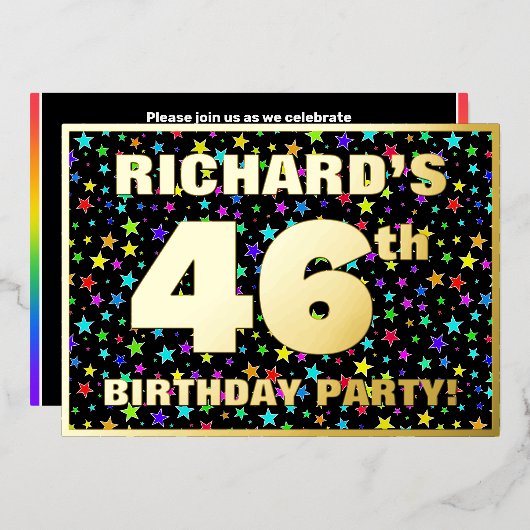 46歳の誕生日パーティー - 楽しいカラフルな星柄 箔招待状 (正面/裏面)