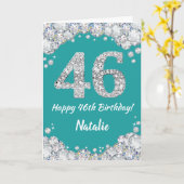 46番目の誕生日ティール(緑がかった色)とシルバーグリッターカード カード (黄色い花)