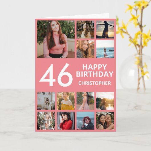 46番目の誕生日フォトコラージュ13枚の写真ピンク&ホワイト カード (黄色い花)