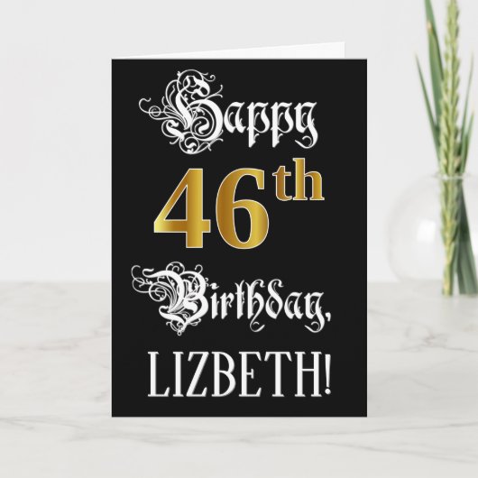 46番目の誕生日:ファンシースクリプト、フェイク金ゴールド・ルック、名前 カード (正面)