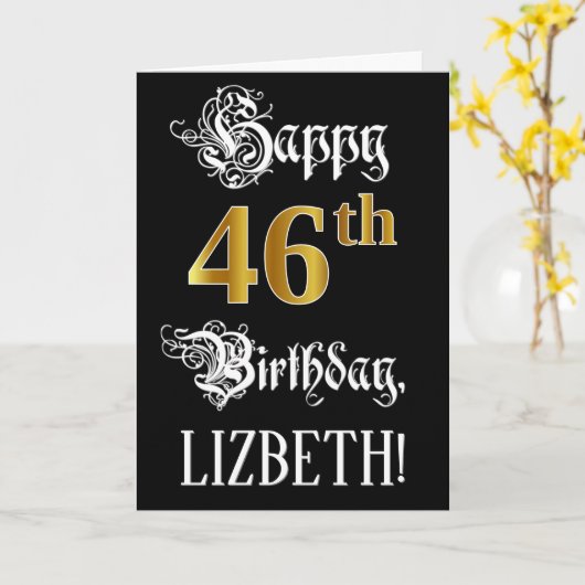 46番目の誕生日:ファンシースクリプト、フェイク金ゴールド・ルック、名前 カード (黄色い花)