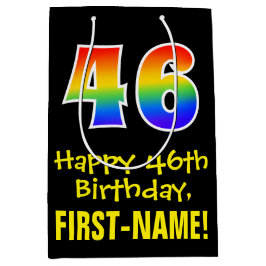 46誕生日:おもしろいはっきりした、カラフルレインボー「46」 ミディアムペーパーバッグ