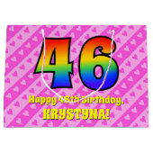 46誕生日：ピンクストライプのハート、レインボー# 46 ラージペーパーバッグ (正面)