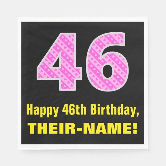 46誕生日：ピンクストライプ色のハートと"46" +名前 スタンダードランチョンナプキン (正面)