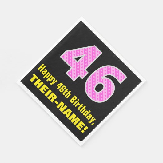 46誕生日:ピンクストライプ色のハートと"46" +名前 スタンダードランチョンナプキン (角)