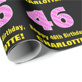 46誕生日:ピンクストライプ色のハートと"46" +名前 ラッピングペーパー (ロールコーナー)