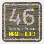 46誕生日:フローラ番号フェイク、木目、名前 スクエアシール (正面)