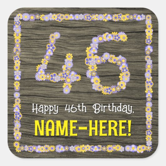46誕生日:フローラ番号フェイク、木目、名前 スクエアシール (正面)
