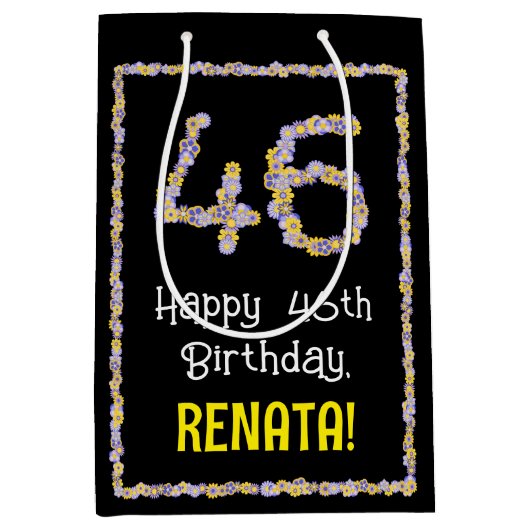 46誕生日:フローラ花数名前をカスタムする ミディアムペーパーバッグ (正面)