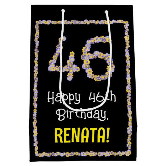 46誕生日:フローラ花数名前をカスタムする ミディアムペーパーバッグ (裏面)