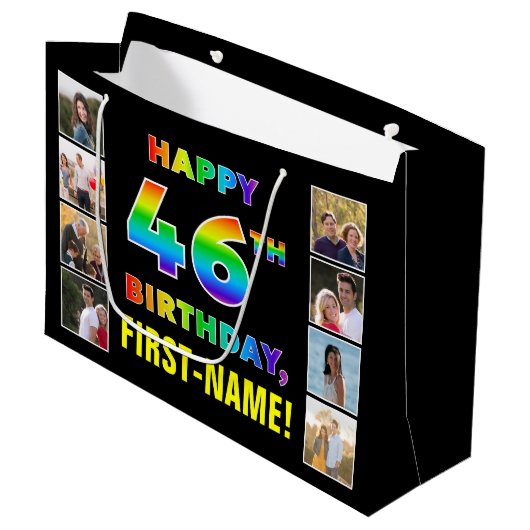 46誕生日:レインボー文字カスタム、写真&名前 ラージペーパーバッグ (正面アングル)