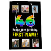46誕生日: Rainbow "46"，写真カスタムと名前 ミディアムペーパーバッグ (正面)