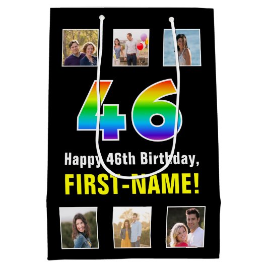 46誕生日: Rainbow "46"，写真カスタムと名前 ミディアムペーパーバッグ (裏面)