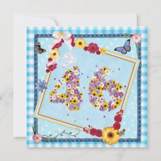 46th誕生日パーティー招待花、蝶 招待状 (正面)