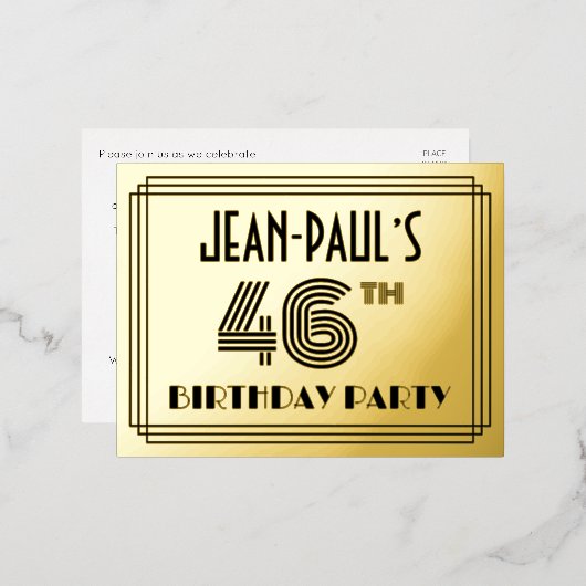 46th誕生日パーティー~アールデコスタイル"46" +名前 箔招待状ポストカード (正面/裏面)
