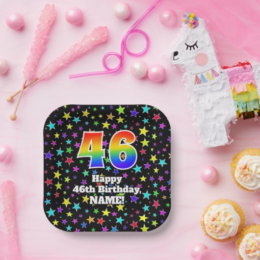 46th Birthday: Fun Stars Pattern and Rainbow “46” ペーパープレート (パーティー)