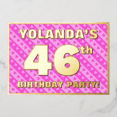 46th Birthday Party —おもしろいピンクのハートとストライプ 箔招待状 (正面)