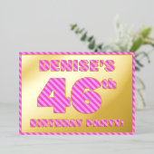 46th Birthday Party — はっきりした、おもしろい、ピンクストライプ色46 箔招待状 (立ち正面)