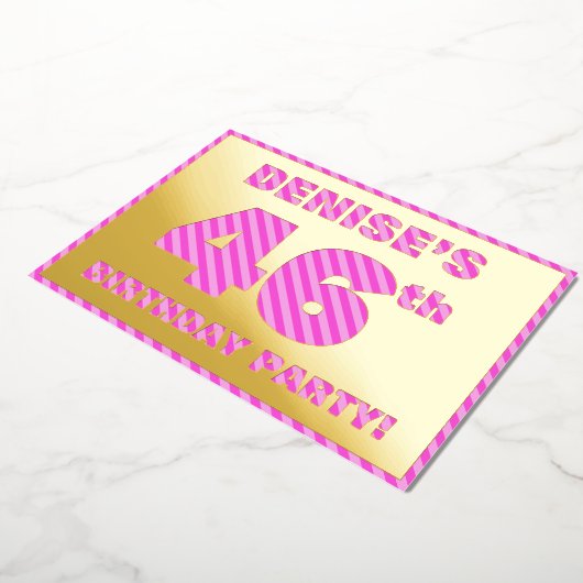 46th Birthday Party — はっきりした、おもしろい、ピンクストライプ色46 箔招待状 (回転した状態)