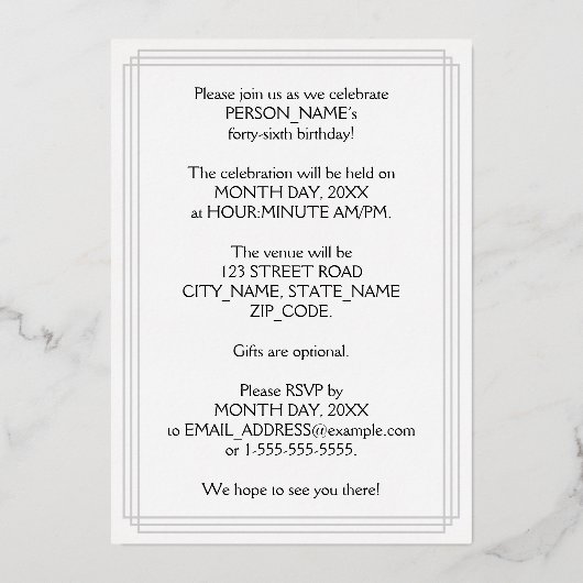 46th Birthday Party – スクリプエレガントト+名前をカスタムする 箔招待状 (裏面)