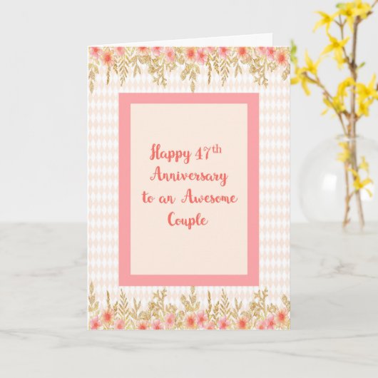 47周年カード、ピンクの花枠付き カード (黄色い花)