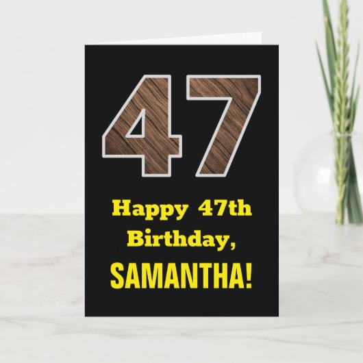 47歳の誕生日おめでとう:名前、フェイク木目模様「47」 カード (正面)