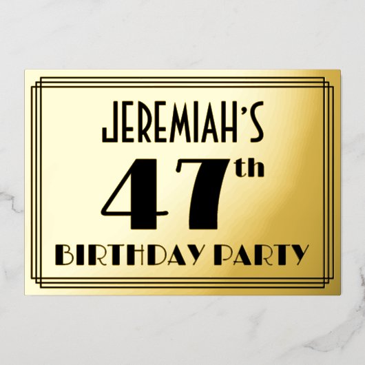 47歳の誕生日パーティー — アートデコスタイル 「47」+ 名前 箔招待状 (正面)