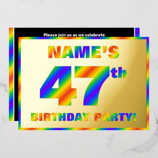 47歳の誕生日パーティー - 楽しい虹のスペクトル「47」 箔招待状 (正面/裏面)