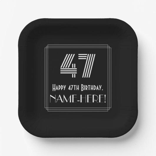 47歳の誕生日 — アールデコ風デザイン 「47」 + 名前 ペーパープレート (正面)