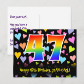 47歳の誕生日:楽しいハート柄、虹色の47 ポストカード (正面/裏面)