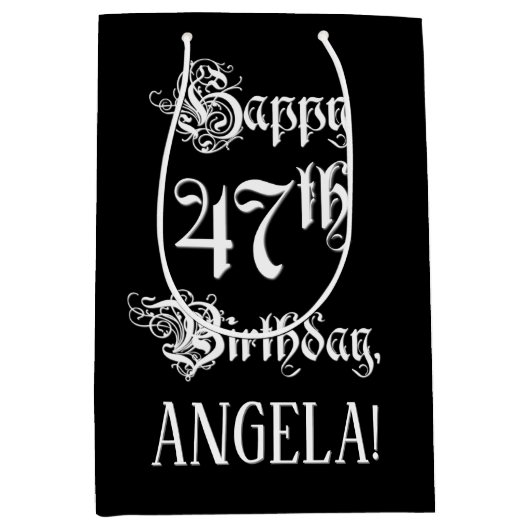 47番目の誕生日: ファンシー、スクリプエレガントト+名前をカスタムする ミディアムペーパーバッグ (正面)