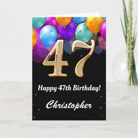 47誕生日ブラックと金ゴールドの吹きカラフル出 カード (正面)