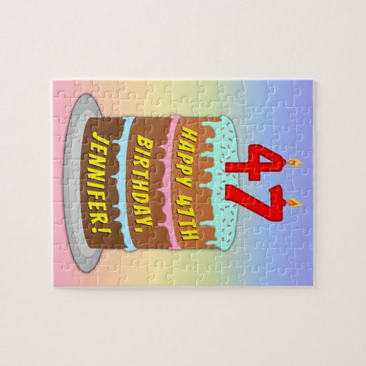 47誕生日:おもしろいケーキとキャンドル+名前をカスタムする ジグソーパズル (横)