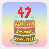 47誕生日:おもしろいケーキとキャンドル+名前をカスタムする スクエアシール (正面)