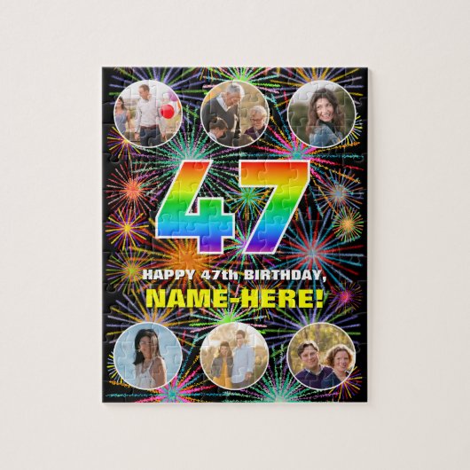 47誕生日:おもしろいレインボー#,名前をカスタムする+写真 ジグソーパズル (縦)
