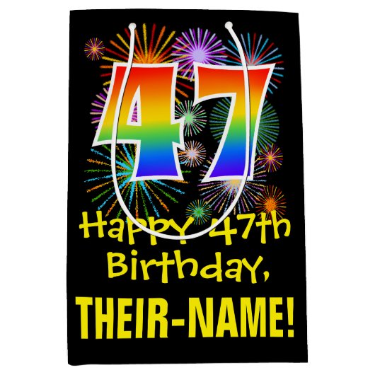 47誕生日:おもしろい花火パターン+虹47 ミディアムペーパーバッグ (正面)