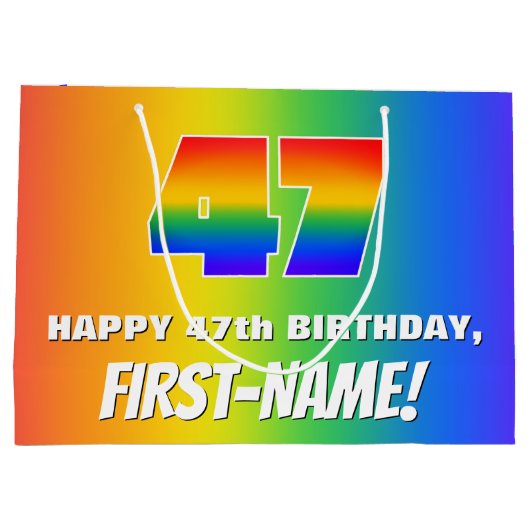 47誕生日: カラフル、おもしろいレインボーパターン# 47 ラージペーパーバッグ (裏面)