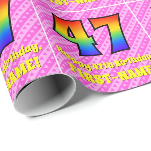 47誕生日:ピンクストライプのハート、レインボー# 47 ラッピングペーパー (ロールコーナー)